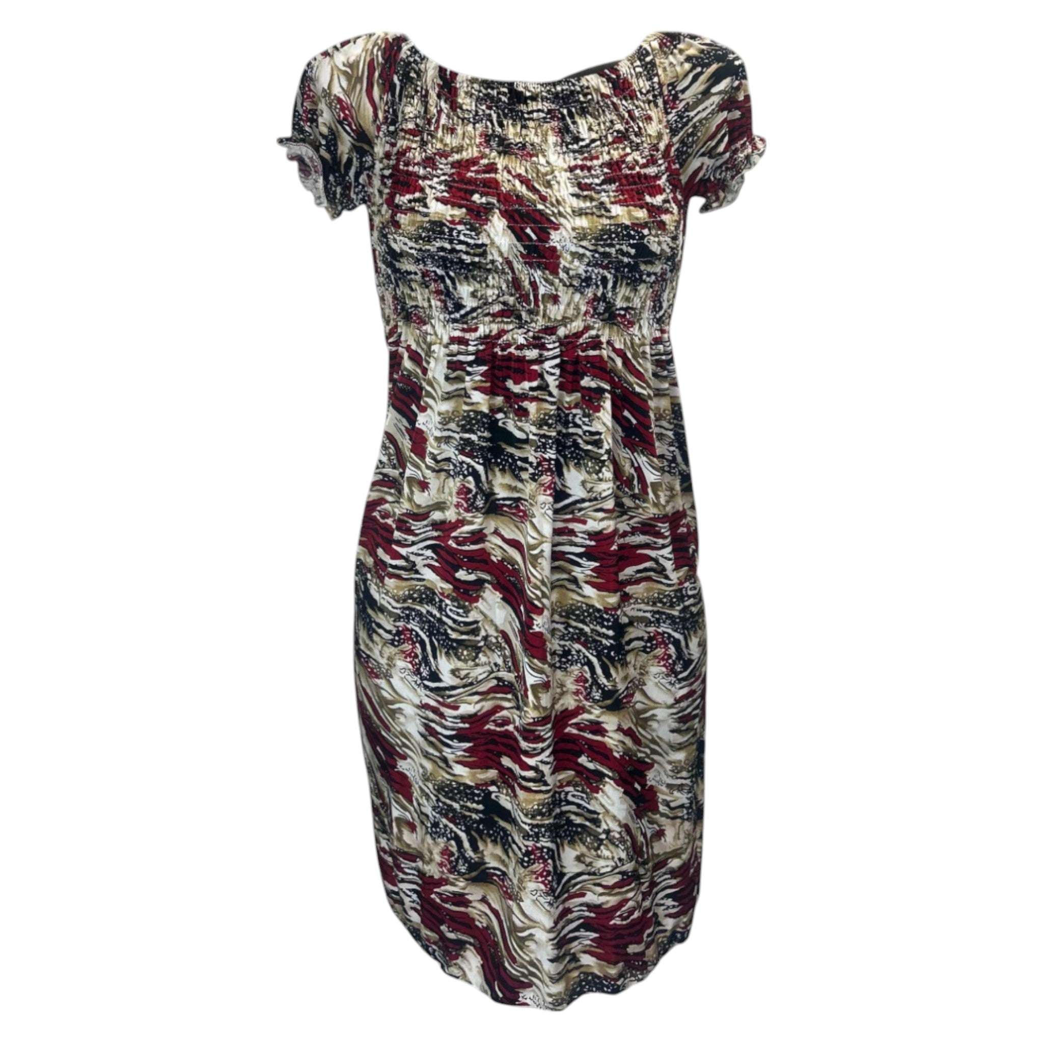 Women's red and honey tropical print summer dress with flutter sleeves – lightweight casual beachwear outfit